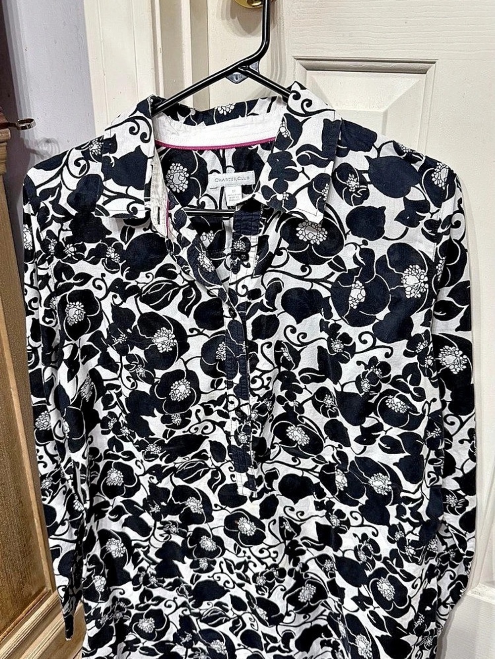 Charter Club Floral Button Down Shirt Black & White Size 12